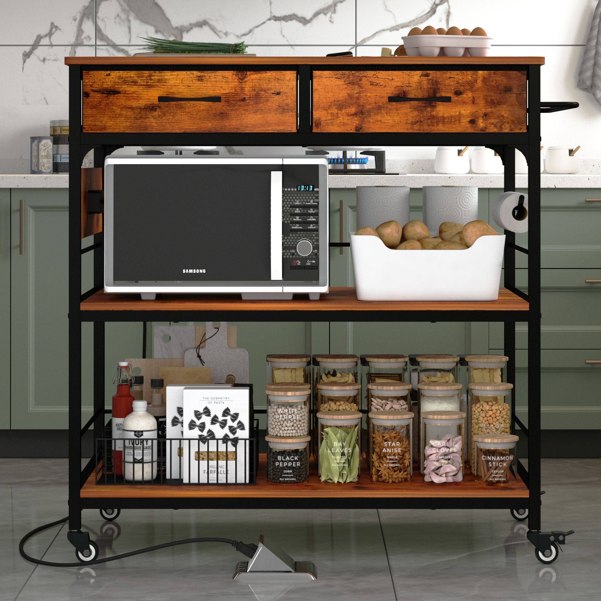 Chnnmbrn Wood Kitchen Island Brown Rolling Cart with Power Outlet Microwave rack