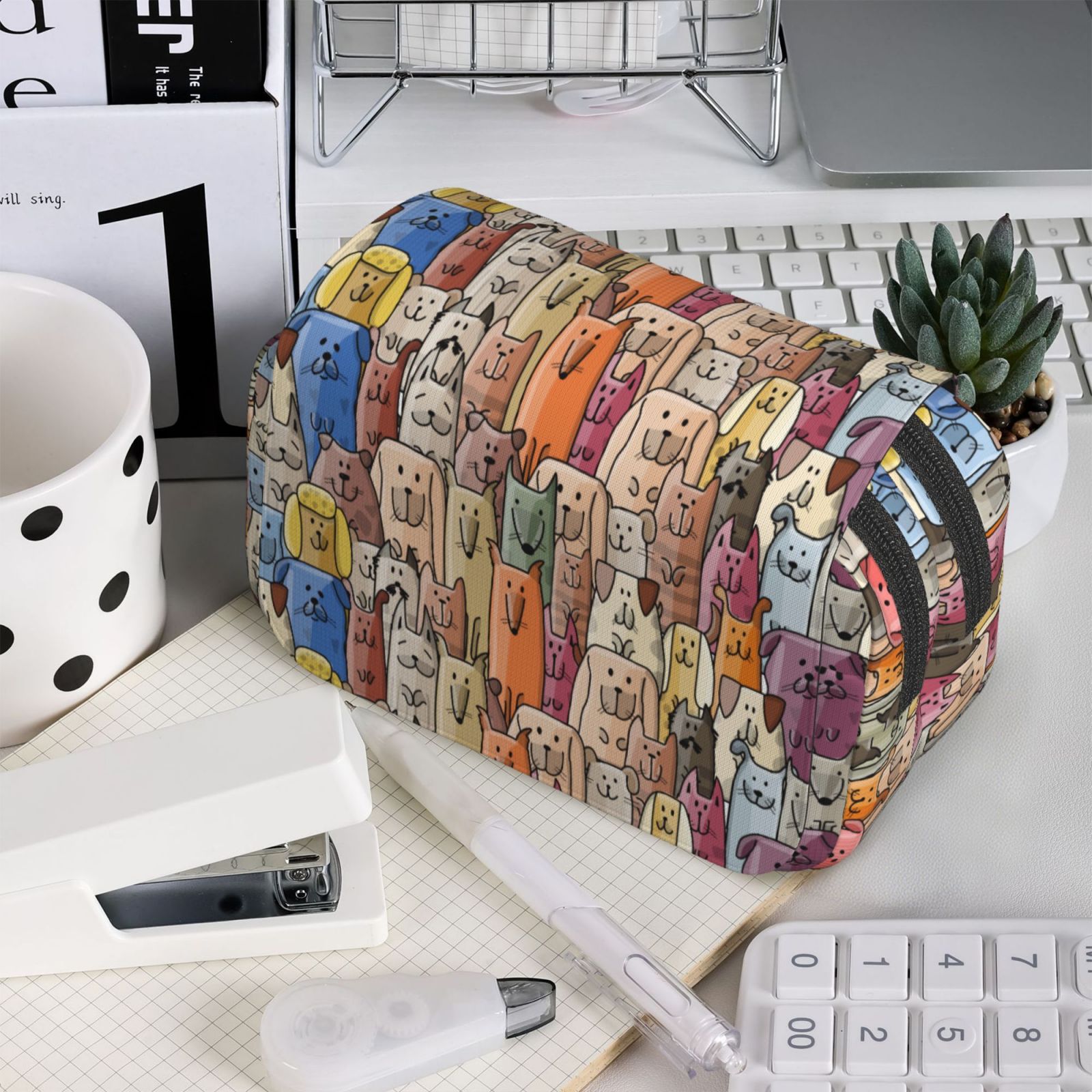 Rateoe Funny Dogs Family Pattern Double Clamshell Pen Case, Storage Organizer with Two Zipper Compartments– Holds Up to 50 Pencils & Pens