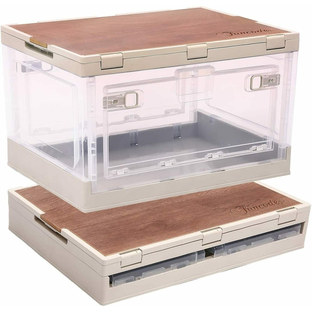 Folding Storage Box With Wooden Cover, Collapsible Storage Container