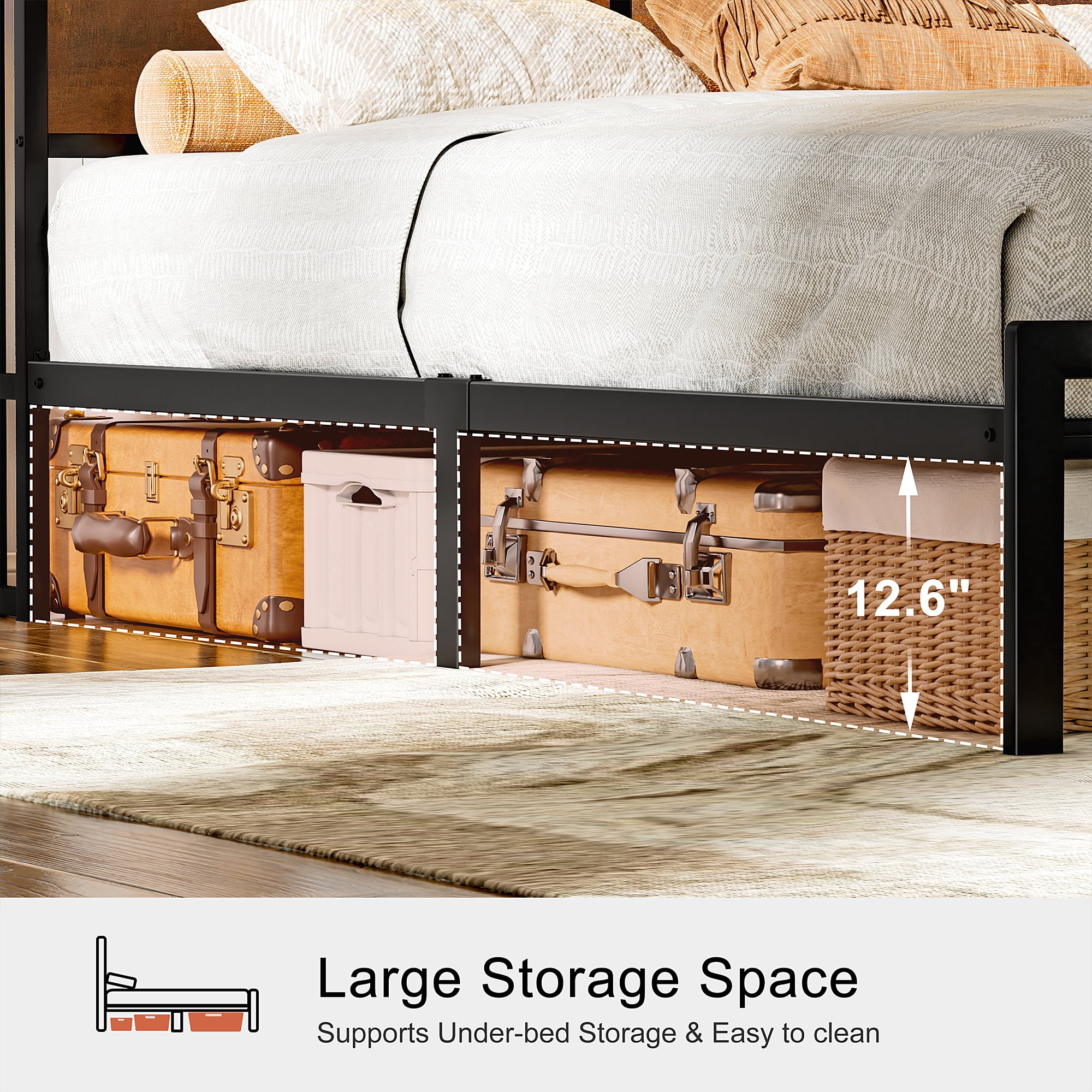GUNAITO Queen Bed Frame with Headboard Metal Platform Bed with LED Lights and Charging Station, Rustic Brown