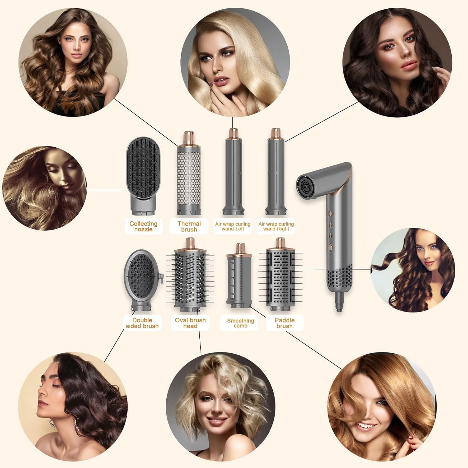 8-in-1 Hair Styler & Hair Dryer Brush Set with Foldable High-Speed Ionic Hair Dryer - Multi-Professional Hot Air Styler for Curling, Volumizing & Straightening