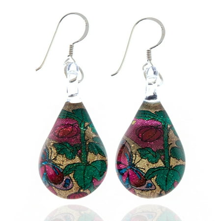 Chuvora 925 Sterling Silver Hand Blown Murano Glass Glitter Butterfly Rose Flower Dangle Earrings