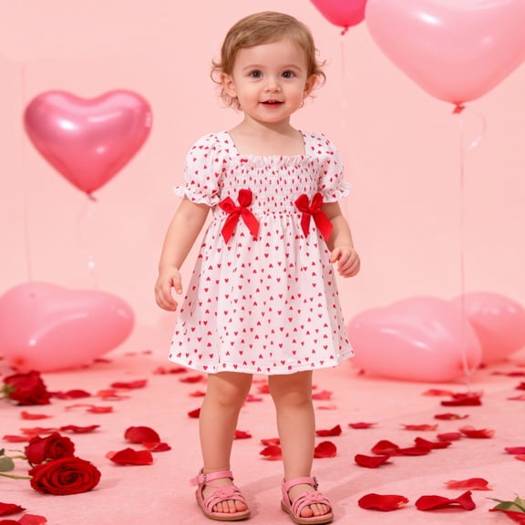 CAIXIA Toddler Dress Up Valentine's Day Toddler Baby Girls Sleeveless Allover Heart Print Dress with Bow Detail Party Tutu Gown for Holiday Celebration