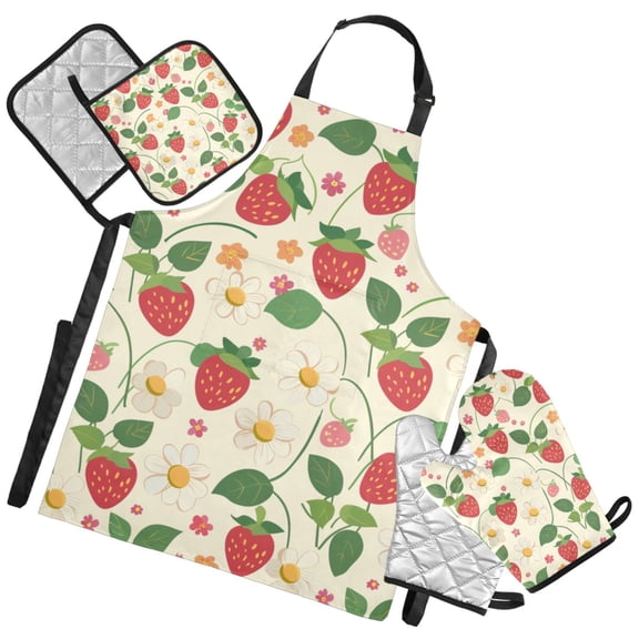 Ryvnso Strawberry and Daisy Flower Kitchen Apron Oven Mitts Set Pot Holders