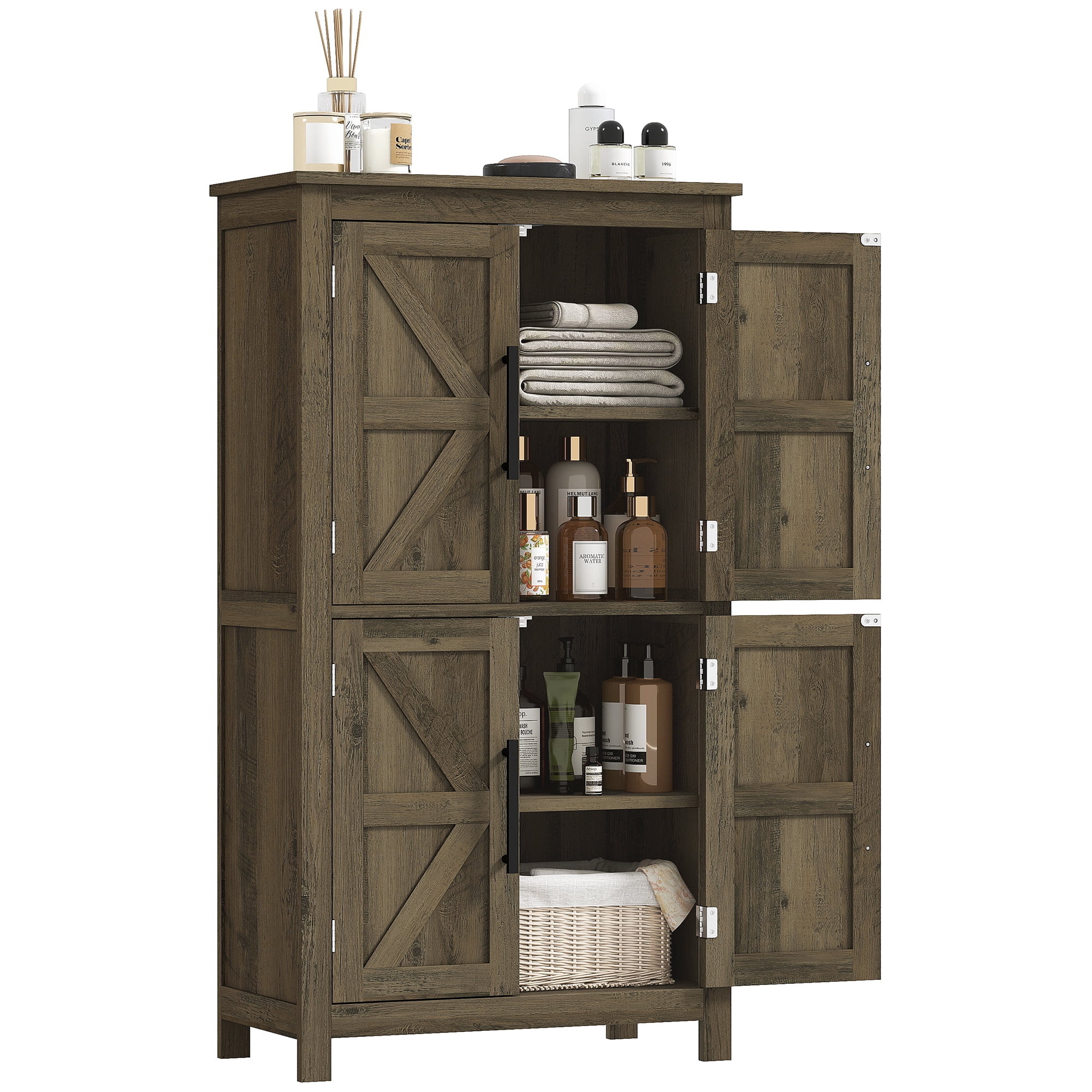 HOMCOM Bathroom Floor Cabinet, Farmhouse Bathroom Cabinet with Barn Doors, Bathroom Storage Cabinet with Adjustable Shelf, Brown