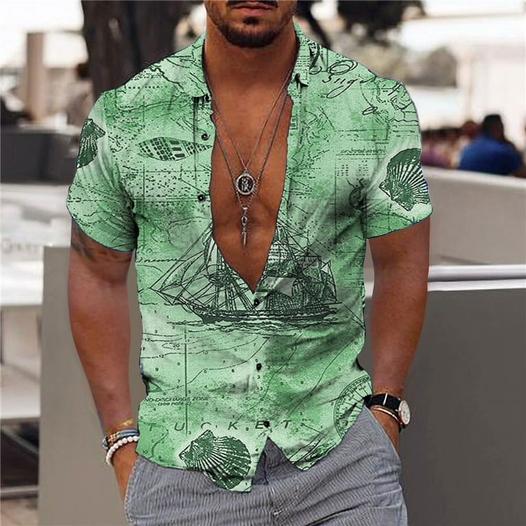 VSSSJ Shirts for Men Loose Fit Short Sleeve Botton Down Casual Collared  Tshirt Comfortable Hawaiian Printed Summer Vacation Style Tops Green XL