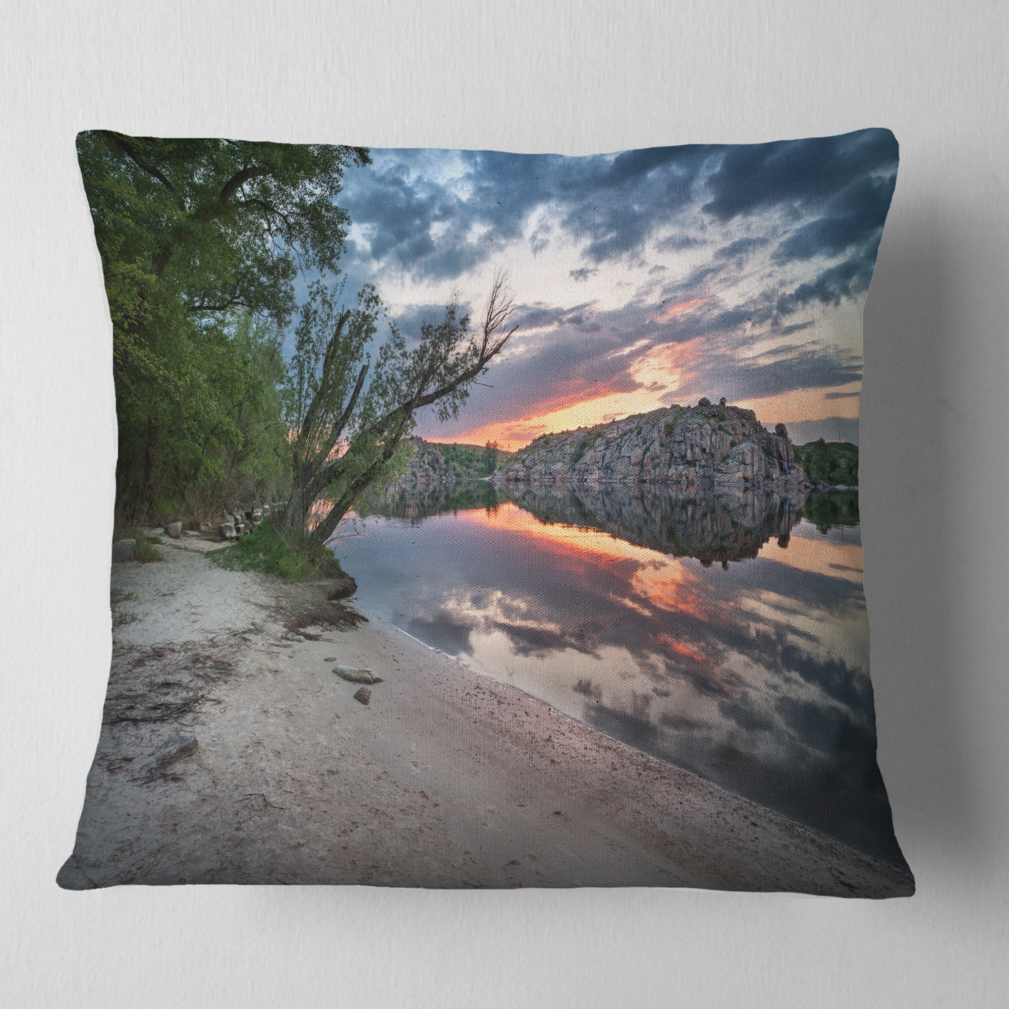 Designart Sunset at River with Large Rock - Landscape Photo Throw Pillow - 18x18