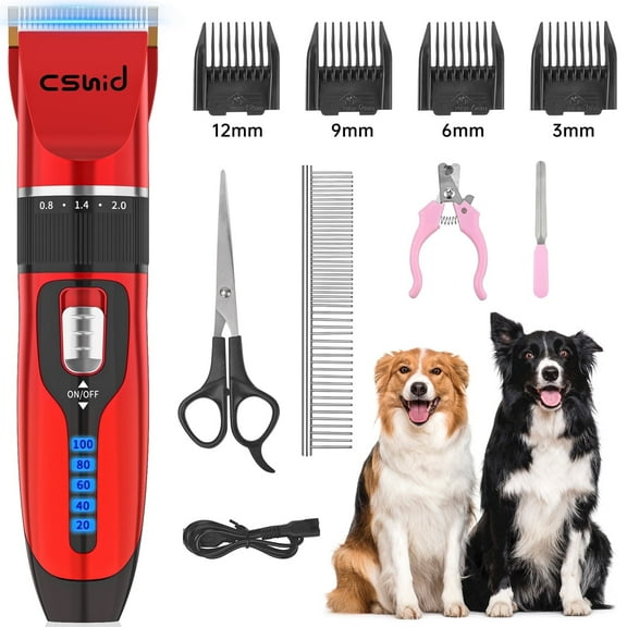 Dog Clippers, USB Rechargeable Cordless Dog Grooming Kit, Low Noise Electric Pets Hair Trimmers, Quiet Washable Shaver Clippers Shears for Thick Coats Dogs Cats with LED Display, 4 Comb Guides, Red