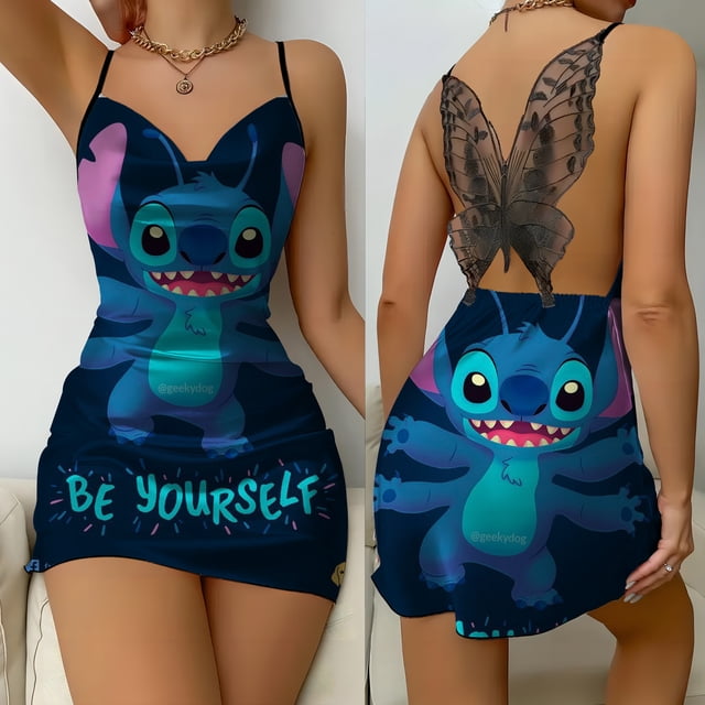 vestidos de fiesta con nudo de lazo, minivestido de Disney Stitch superficie satinada en azul marino con gran estampado de Stitch, mini por encima de la rodilla, tirantes de espagueti, escote cuadrado y encaje sexy sin espalda, estilo loose ideal para verano y a veces usado como falda de pijama corta.