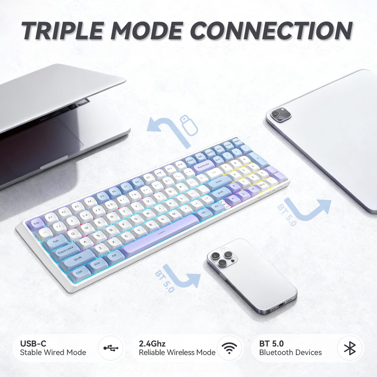 Aula S100 Pro Wireless Gaming Keyboard, BT5.0/2.4GHz/USB-C, Hot Swappable Mechanical with Numpad, Creamy Thocky Sound