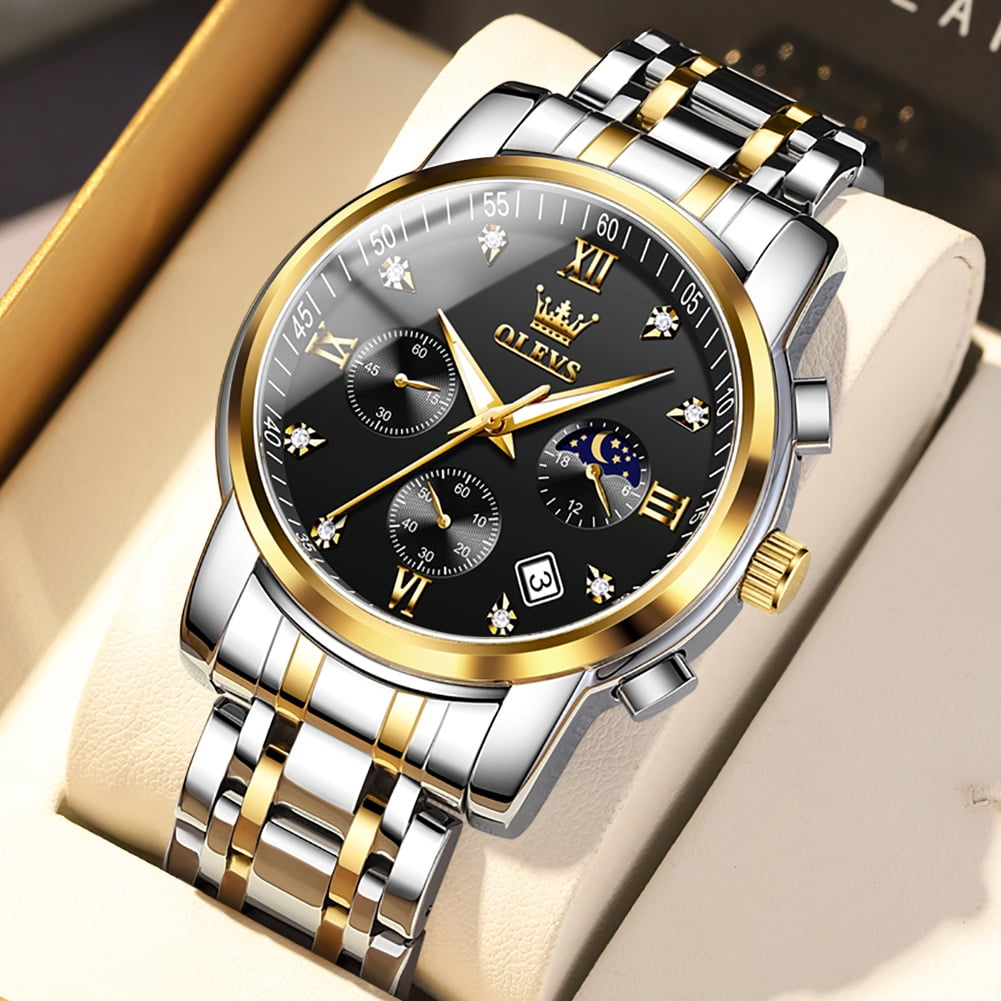 OLEVS Watches for Men Luxury Dress Casual Analog Quartz Gold Plated Stainless Steel Chronograph Moon Phase Waterproof Luminous Date Business Mens Wrist Watches Reloj Para Hombre