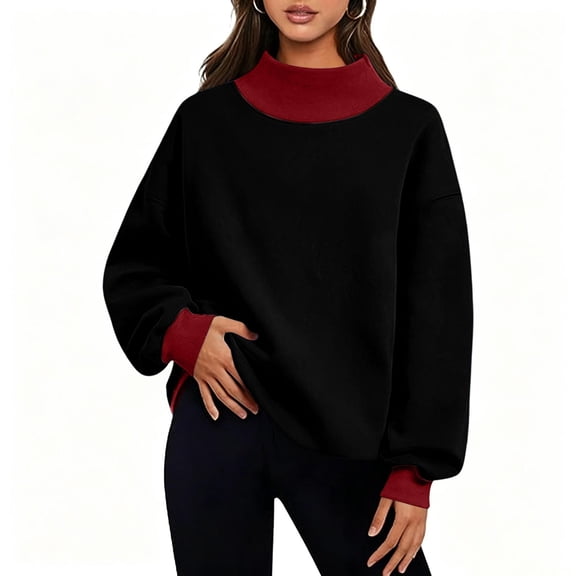 jobturf Oversized Sweatshirt for Women Color Block Mock Neck Tops Long Sleeve Fleece Pullover Fall Fashion Lightweight Sweatshirts S-2XL
