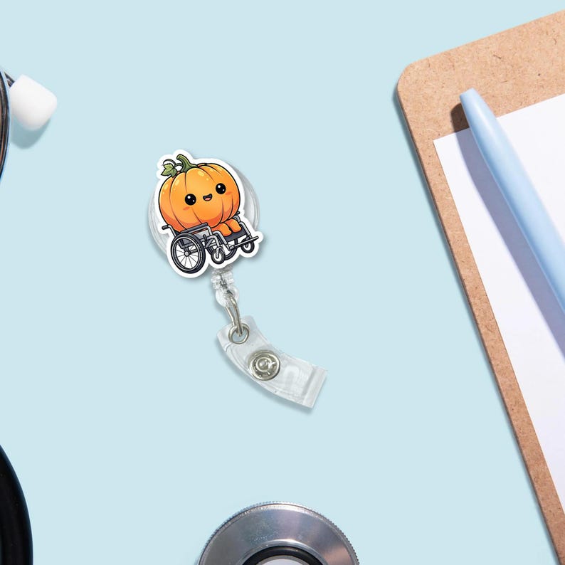 TiniDecor Cute Pumpkin Wheelchair Badge Reel, Retractable ID Holder, Fall Nurse Gift