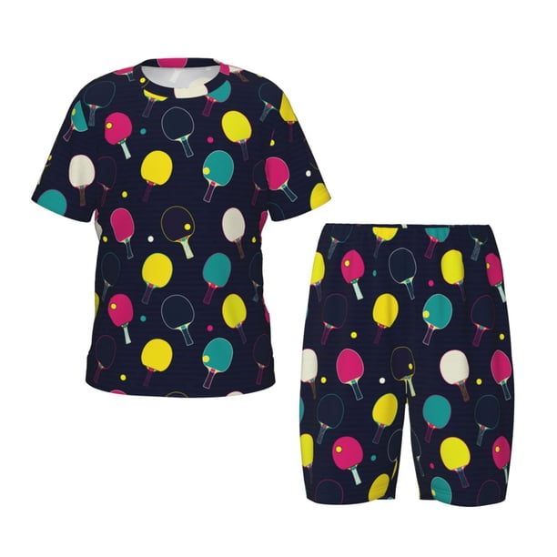 Balery Colorful Ping Pong Rackets Conjunto de Pijama Infantil de Manga Corta con Estampado – Ropa de Dormir de Algodón Suave-Large