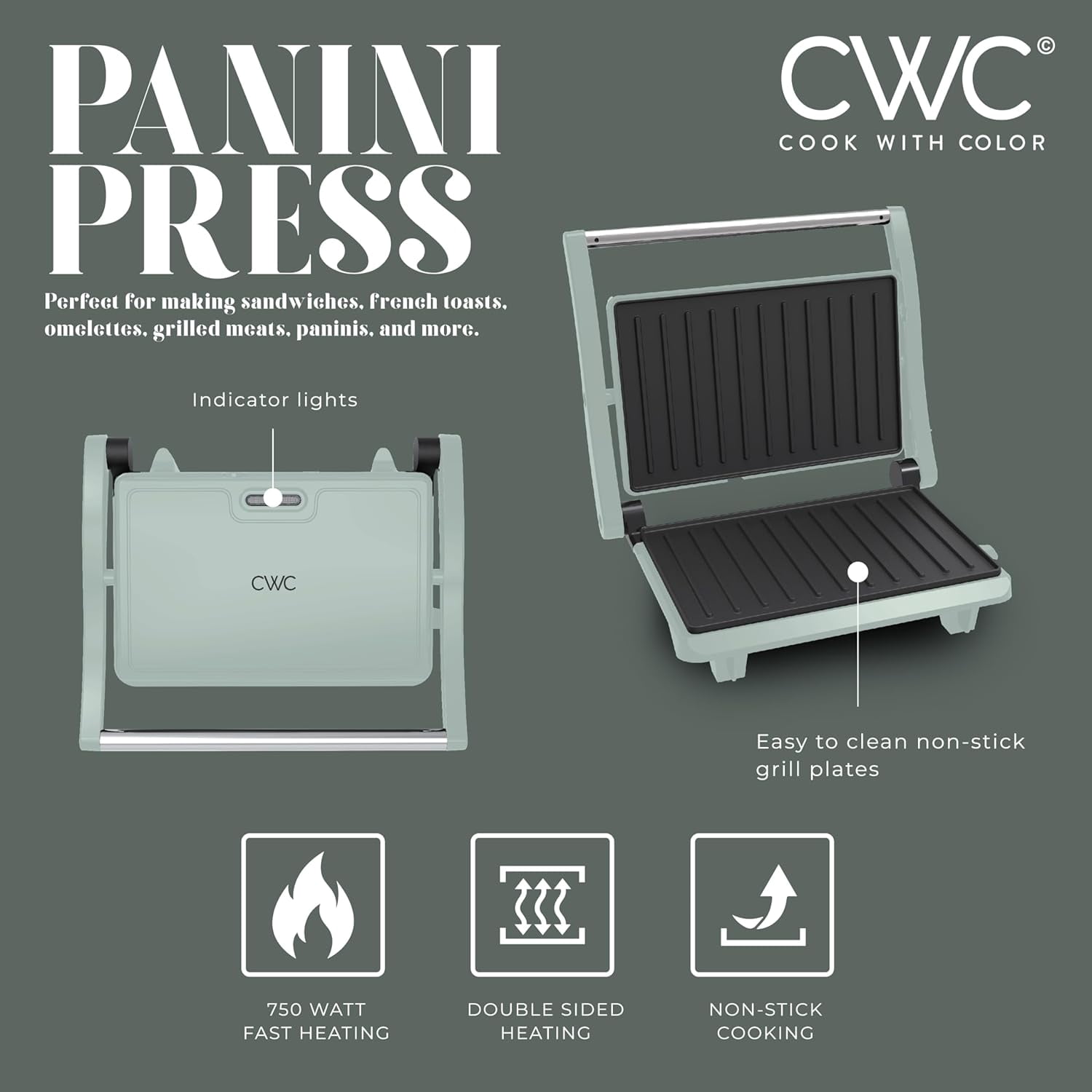 COOK WITH COLOR Panini Maker 2-Slice Panini Press Electric Grill, 760 Watts, Sage