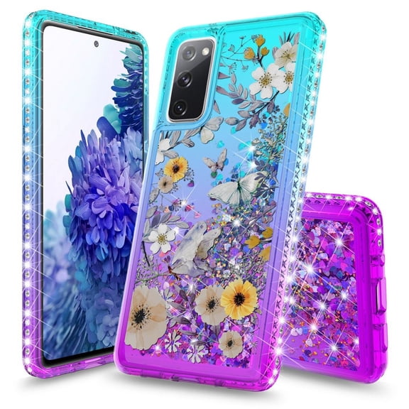 Bemz Liquid Quicksand Case for Samsung Galaxy S20 FE (with Touch Tool) - Butterfly Flowers (Teal/Purple)