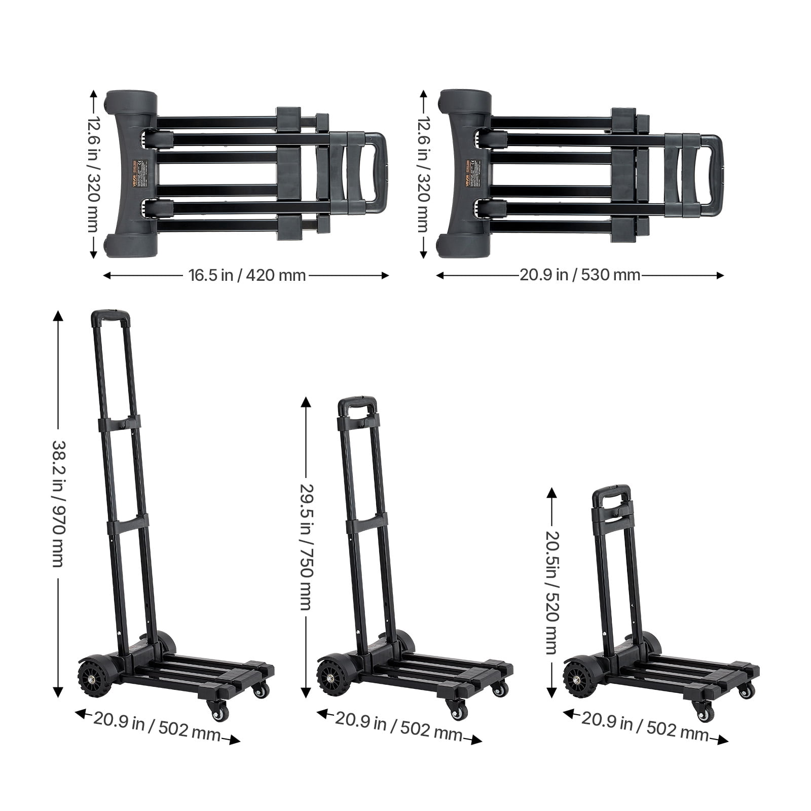 VEVOR Folding Hand Truck, 290 lbs Load Capacity, Collapsible Luggage Cart with 4 Wheels,2 Elastic Ropes & Expandable Base,Utility Dolly Platform Cart for Airport Travel Luggage Office Moving,Black