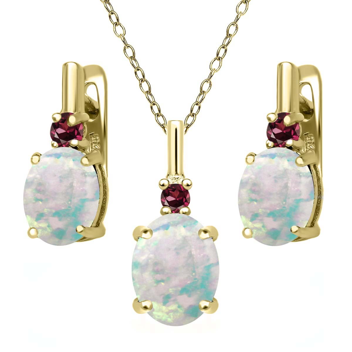 4.89ct Simulated Opal Rhodolite Garnet 18K Yellow Gold Plated Silver Jewelry Set by