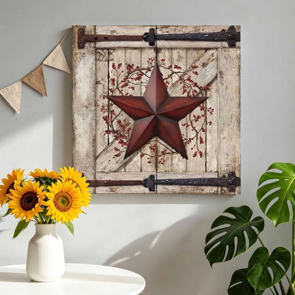 Canvas Wall Art Country Star Canvas Art Print Vintage Dark Black Red Star Berry Beige Barn Gate Pictures Wall Decor for Living Room Bedroom Artwork Decorations Stretched Framed Ready to Hang 10"x10"