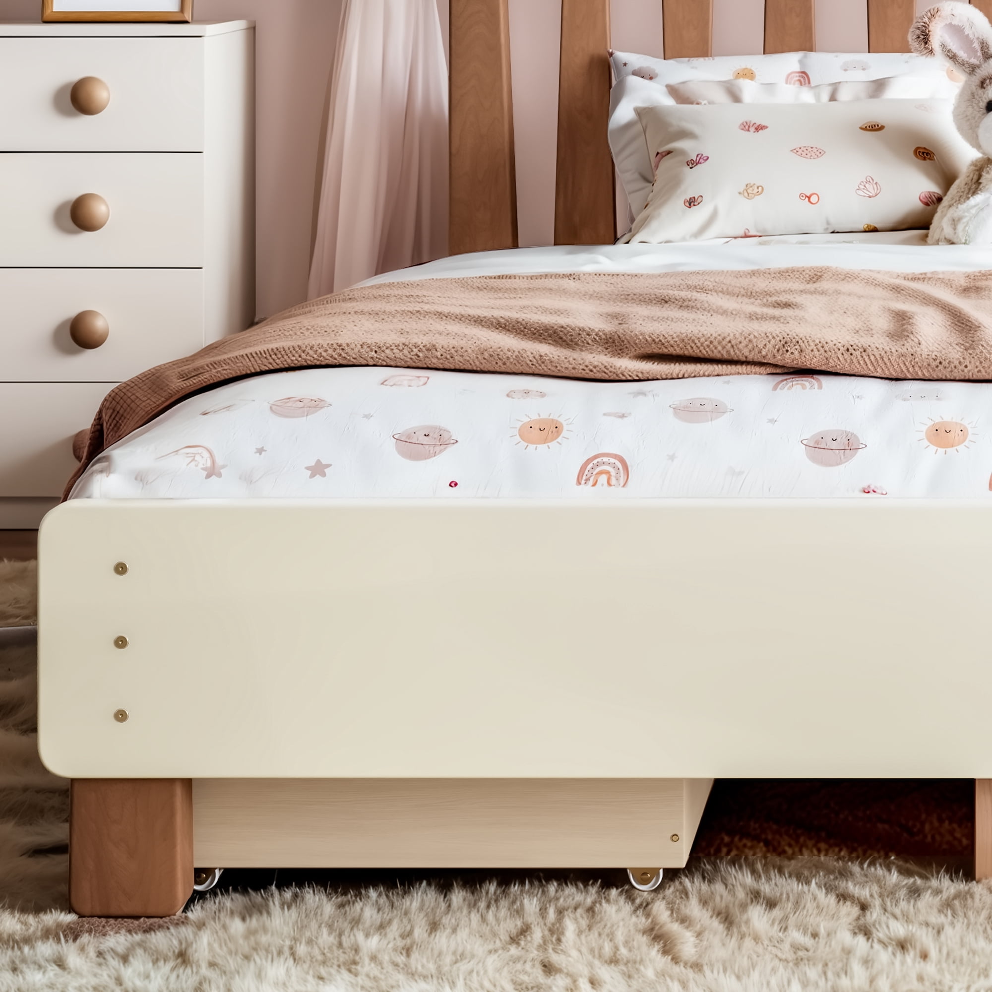 Leumius Full Size Platformbed Frame with Storage Drawer, Wood Bed Frame with Round Headboard for Bedroom Beige & Deep Natural