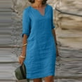 thumbnail image 2 of Dyegold Linen Shirt Dresses For Women Summer Casual V Neck Half Sleeve Shift Dress Knee Length Loose Plus Size Vintage Dress, 2 of 5