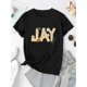 thumbnail image 2 of Stylish Black Women's T-Shirt with "JAY!" Letter Print - Casual Short Sleeve, Comfortable Summer Top, Polyester Blend, Machine Washable, Round Neck, All-Season Wear, Ladies T Shirts, 2 of 6