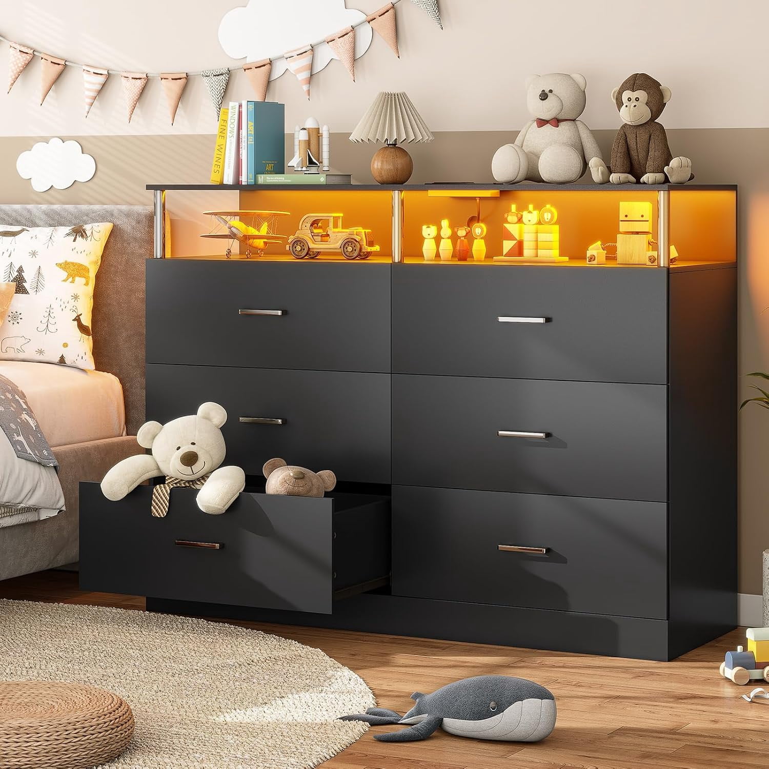 AOGLLATI Black Dresser for Bedroom Living Room 6 Drawers Chest of Drawers with LED Lights Charging Station