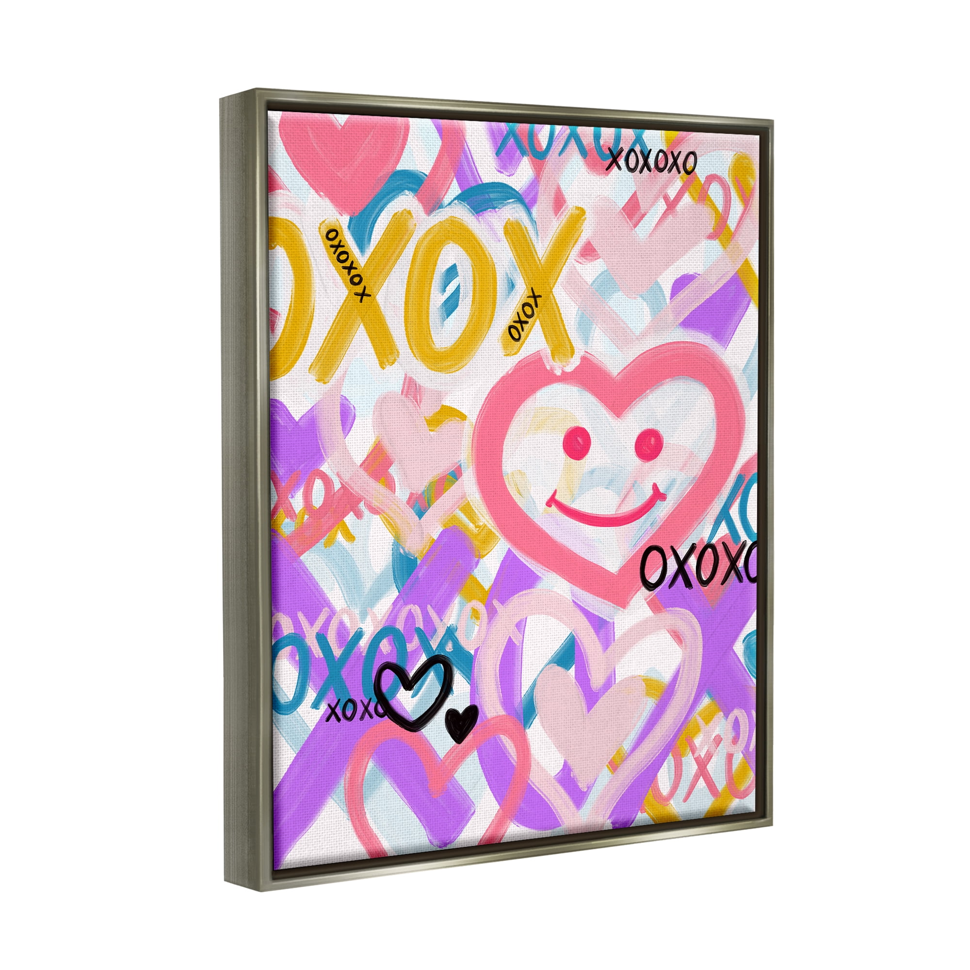 Stupell Industries Xoxo Urban Heart Shapes Abstract Painting Gray Floater Framed Canvas Art Print Wall Art, 17 x 21