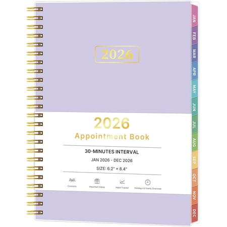 2026 Appointment Book, 30 Minutes-Hourly, Weekly ＆ Monthly Calendar Planner 2026, Jan 2026 - Dec 2026, 6.2'' x 8.4'', 2026 Daily Planner with Tabs ＆Pocket, Flexible Cover, Great for Office, Home, Sch