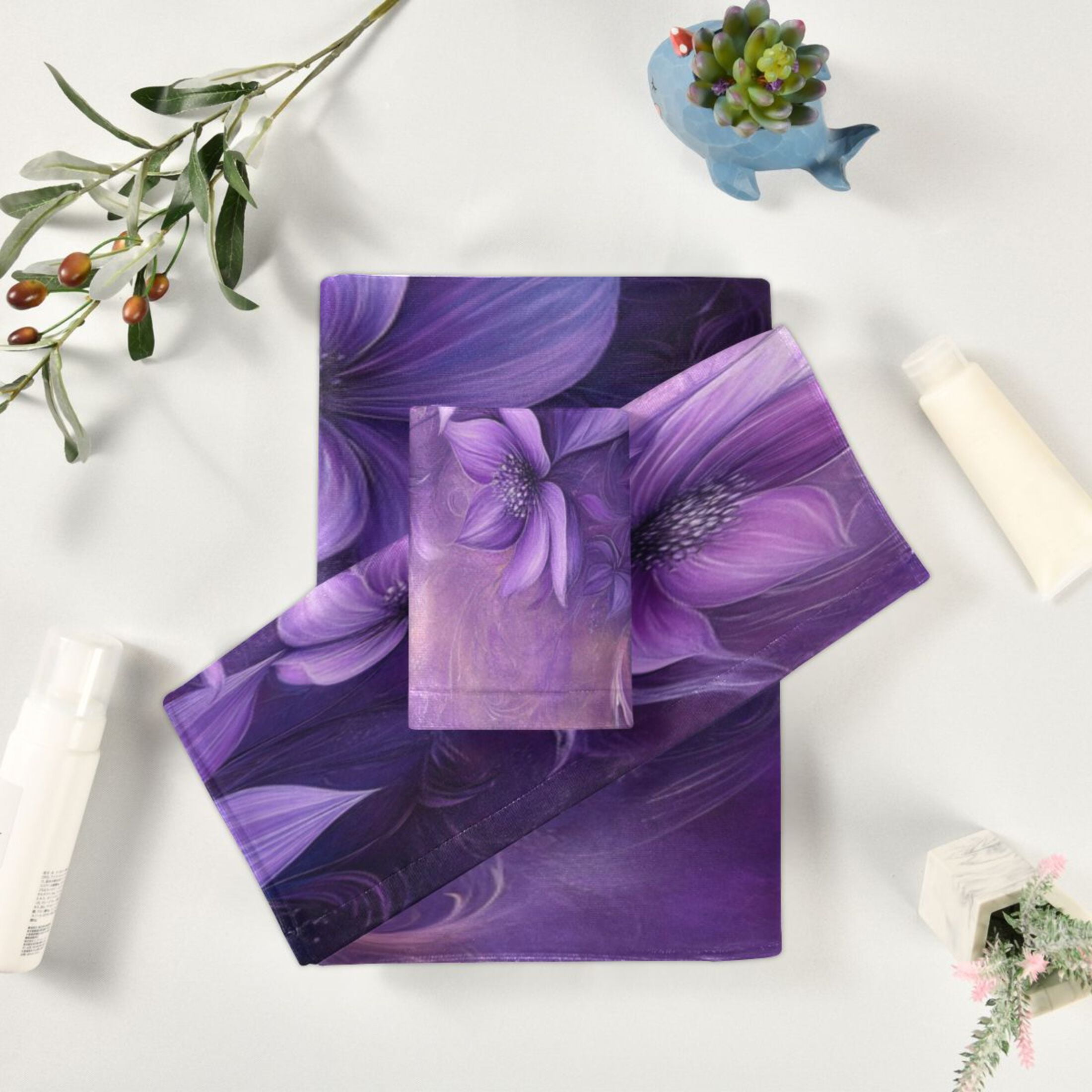 Three-Piece Towel Set Face Towel Towel Set Hand Towel Bath Towel Cotton Bath Towels Bath Towel Sets Hand Bath Towels Purple Flower Picture