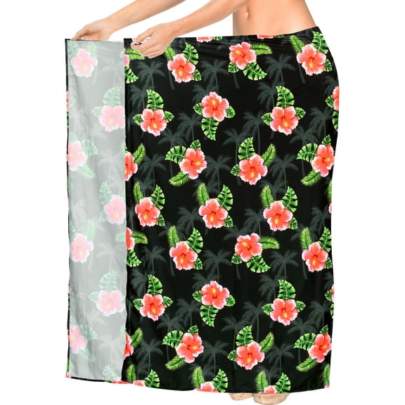 LA LEELA Women's Summer Beachwear Sarong Pareo Wrap Skirt Swim Cover up Bikini Beach Wraps Coverups for Women One Size Allover Hibiscus Floral, Black