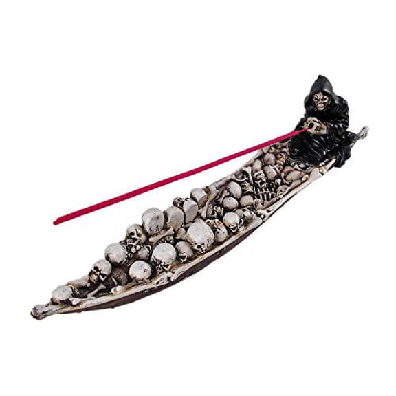 Grim Reaper Charon Skeleton On Skull Boat Fishing Souls of Men in Styx River Incense Burner Figurine