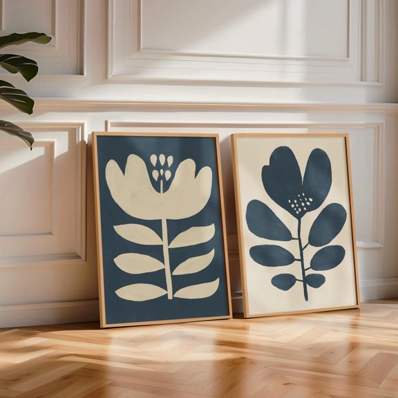 Dark Blue Navy Wall Art Botanical Natural Abstract Art Set 2 Unframed Paper Print 8x12