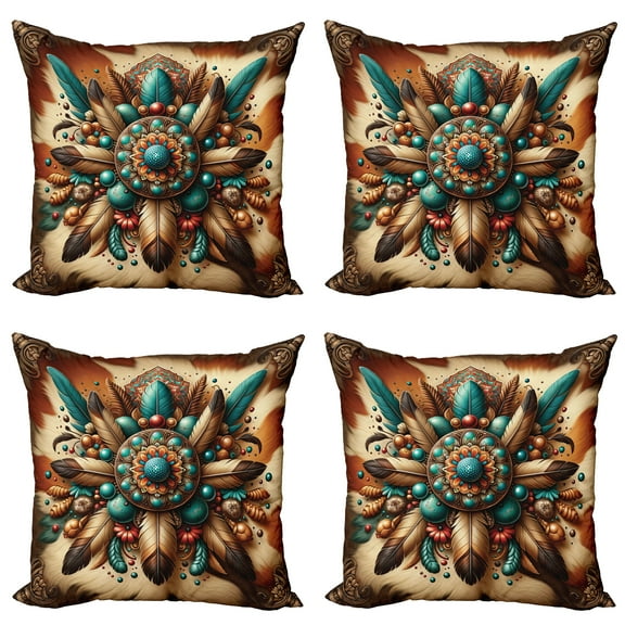 Ambesonne Rustic Throw Pillow Cover 4 Pack, Boho Earthy Feathers Mandala, 16", Teal Cinnamon Brown