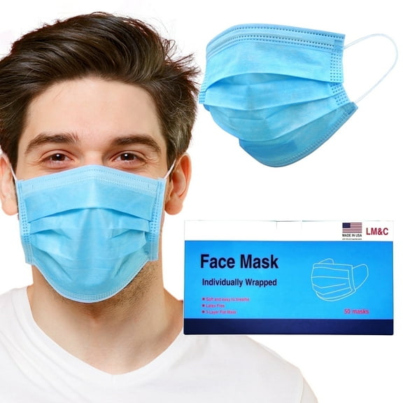 LM&C 3-Layer Individually Wrapped Earloop Face Masks 50 Count