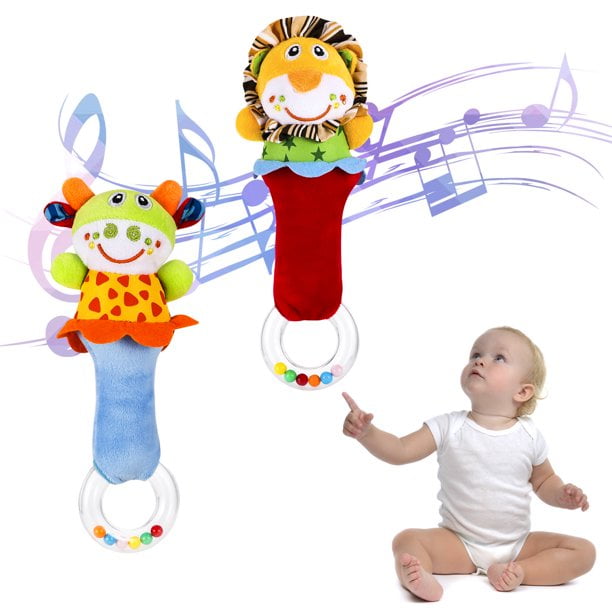 2Pcs Baby Soft Rattles Shaker, Infant Hand Grip Baby Toys for 3 6 9 12 Months and Newborn Gift,Lion