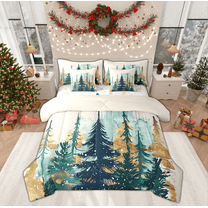 Manfei Kids Christmas Tree Bedding Comforter Set 7 Pieces, Teal Watercolor Full Bedding Set, Winter Plant Botanical Reversible Fitted Sheet Flat Sheet, Microfiber Bedroom Decor