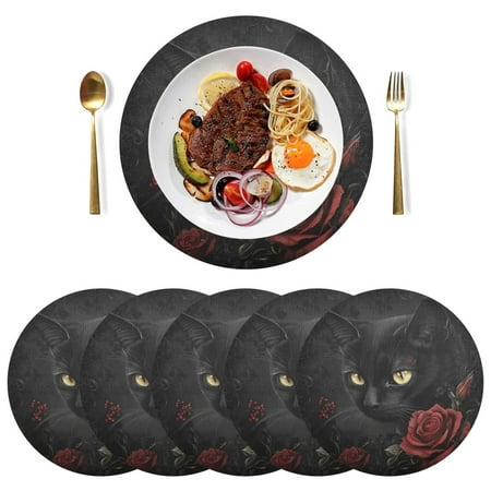 

Round Placemats Plate Mats 15 Inch Non-Slip Heat Resistant Washable PVC Set Table Decoration for Kitchen Dining Black Cat and Roses
