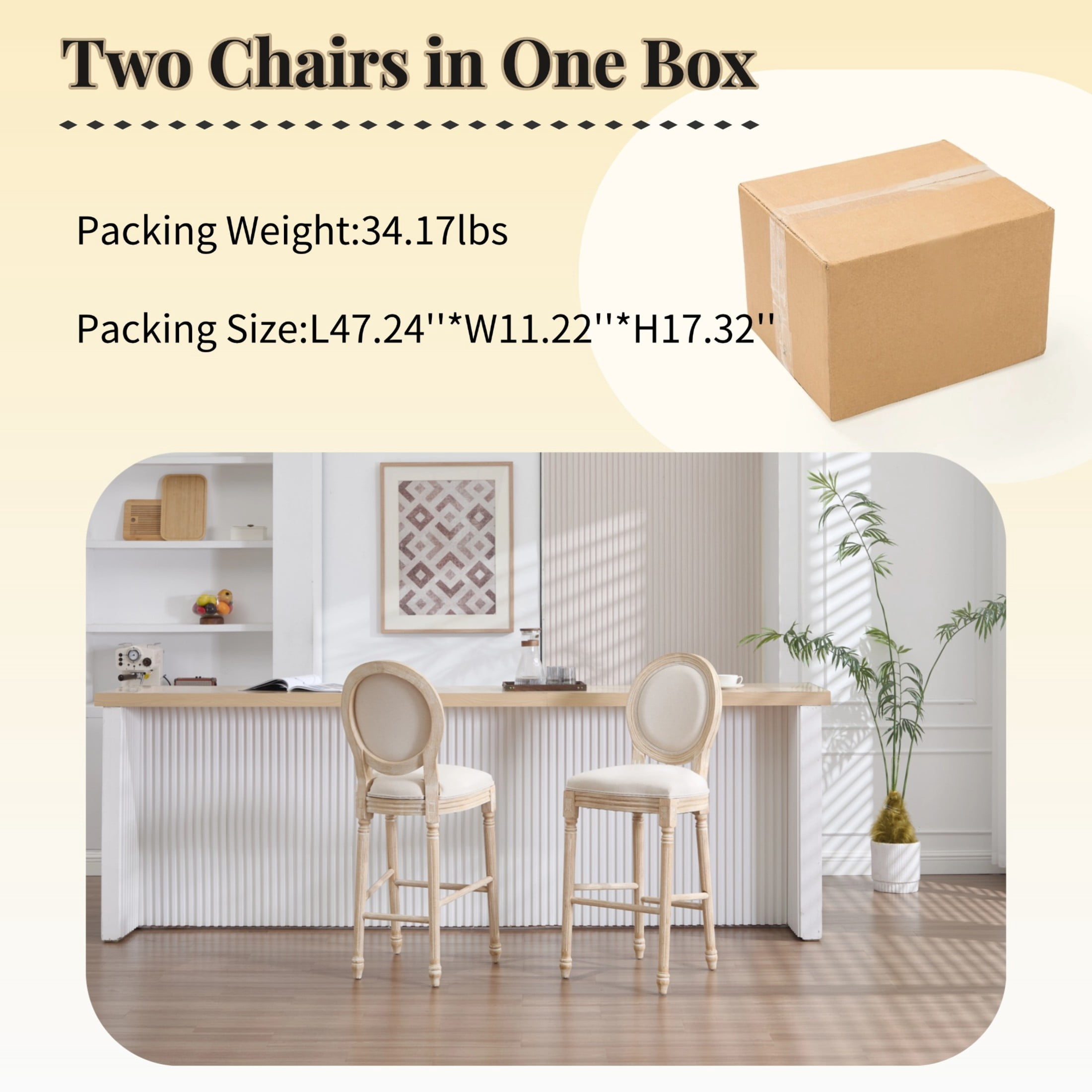 Noble House French Country 30" Height Bar Stools with Cushion Back and Carved Solid Wood Legs, Beige, Set of 2