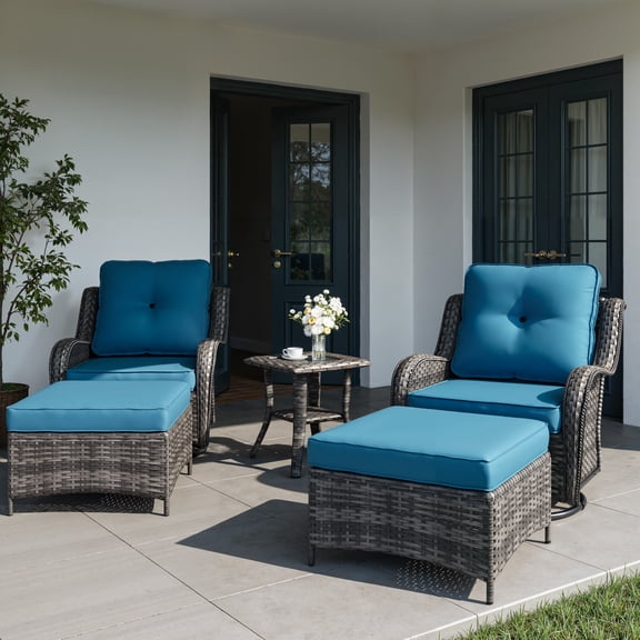 5 Piece Outdoor Patio Furniture Set Wicker Parlor Bistro Set Swivel Rocking Chair with 1 Side Table and 2 Ottomans, Soft and Comfortable Cushions (Sky Blue) for Backyard, Porch, Deck