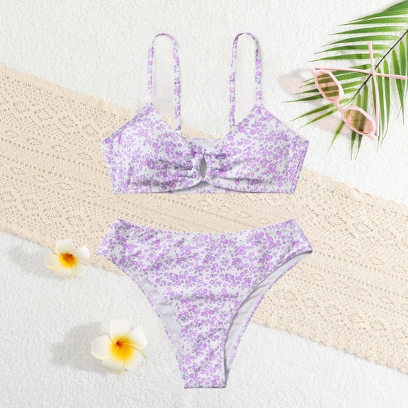 Teen Girl Swimsuit Floral Strappy Bikini 2 Piece Swimsuit Stretchy for Toddler Bathing Suit Girl Purple 9-11 Years