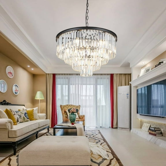 LUOLAX 24-inch North American light luxury round crystal chandelier, 9-head bedroom chandelier, dining room and living room lighting fixtures