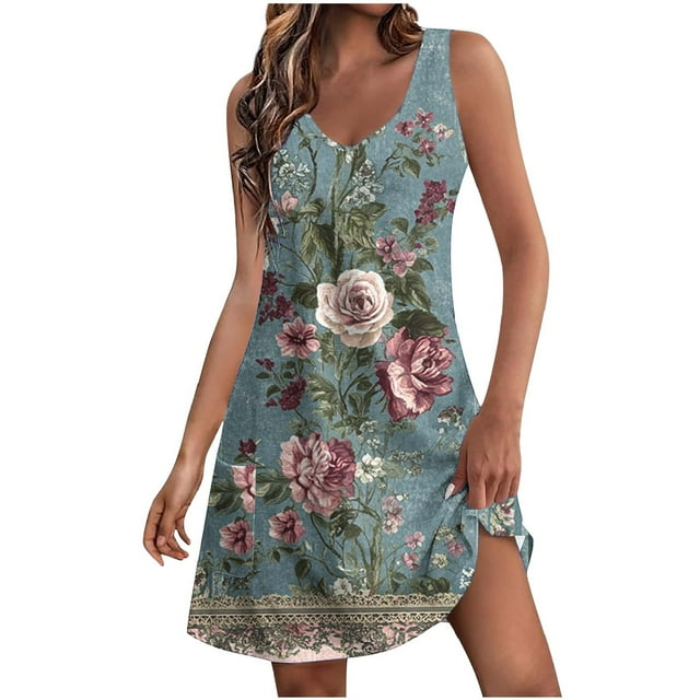 Staron Robes d'Été pour Femmes Décontractées Sans Manches Boho Fluides Robe Débardeur avec Poches d'Été Plage à Imprimé Floral Cache-Maillot Ample à Col en V Robes TG