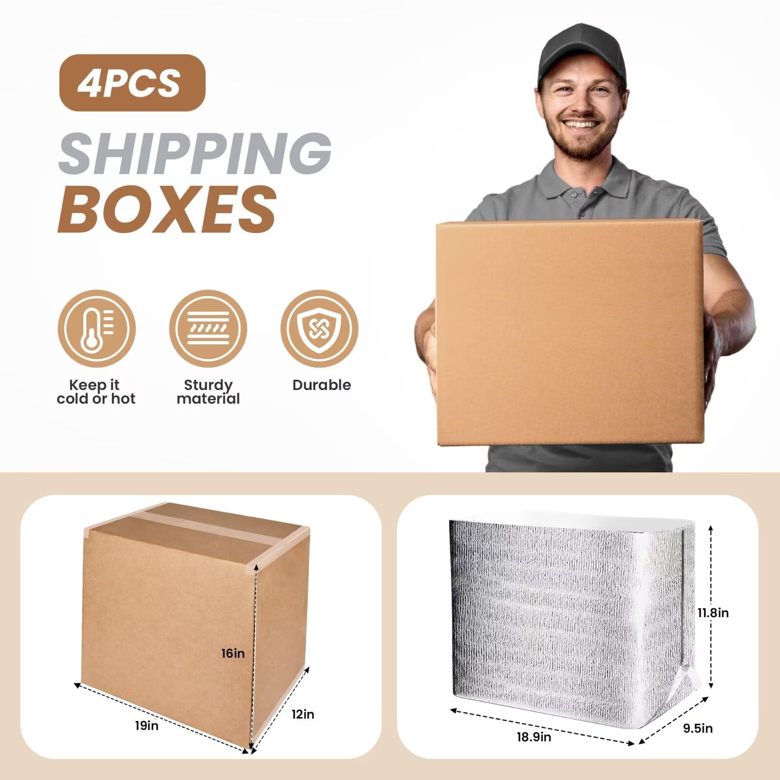 YSSOA 4 Pack 19"x12"x16" Insulated Shipping Boxes with Aluminum Foil Liner,Thermal Insulation Cold Pack Shipping Boxes for Frozen , Reusable Styrofoam Cooler Box, Small Mailing Box