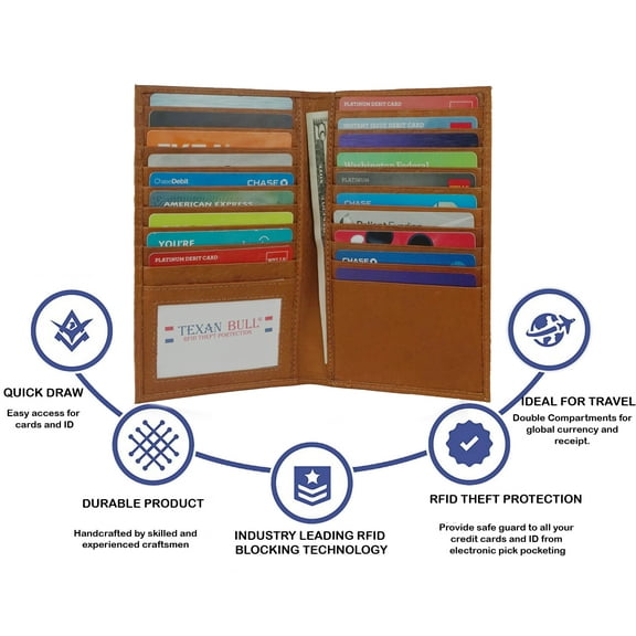 Texan Bull Genuine Leather Mens Long ID 19 Credit Card Security Wallet Tan