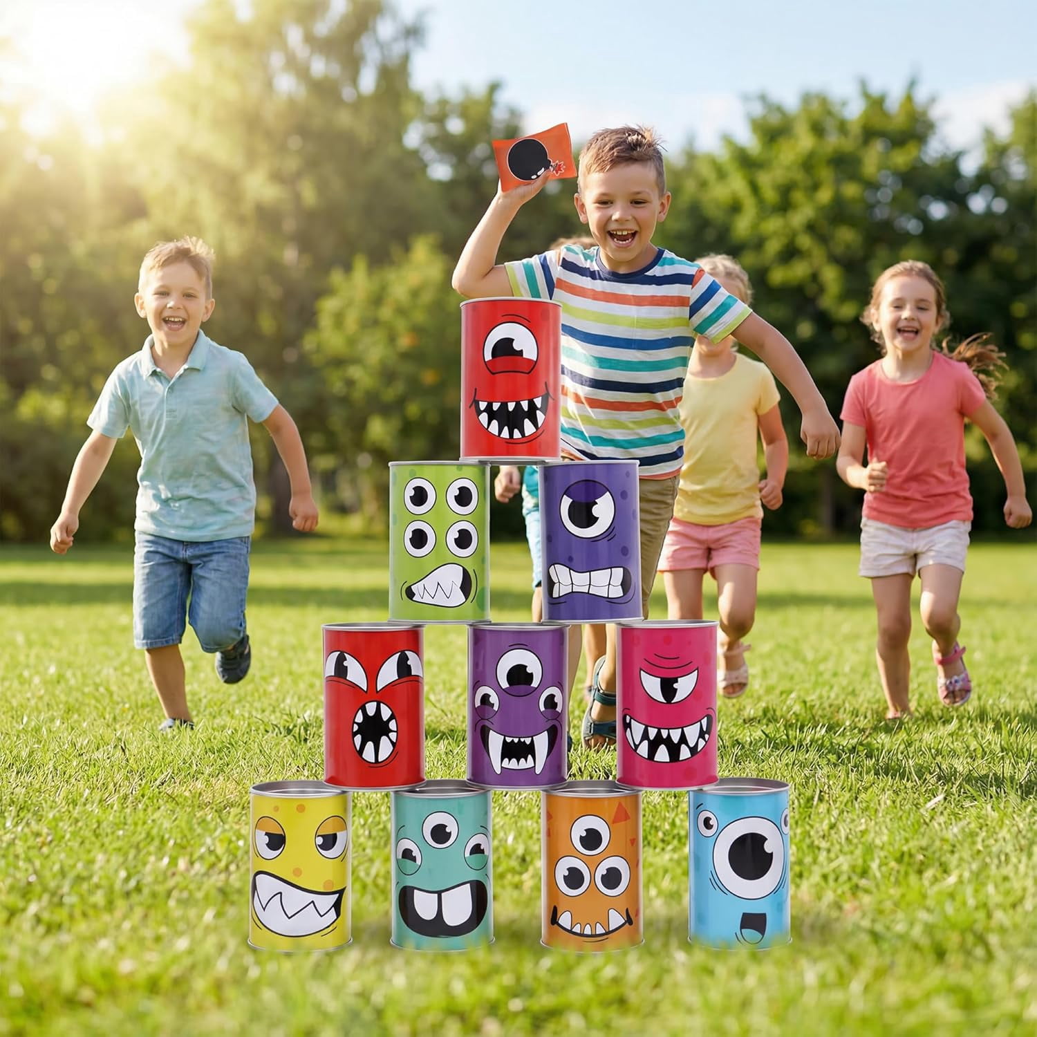 Carnival Bean Bag Toss, Knockdown Can Game Set, Holiday & Birthday Party Games, Outdoor Lawn Yard Activity for Party Favors, Easter Egg Hunt for Classroom Gifts (Without Lights)