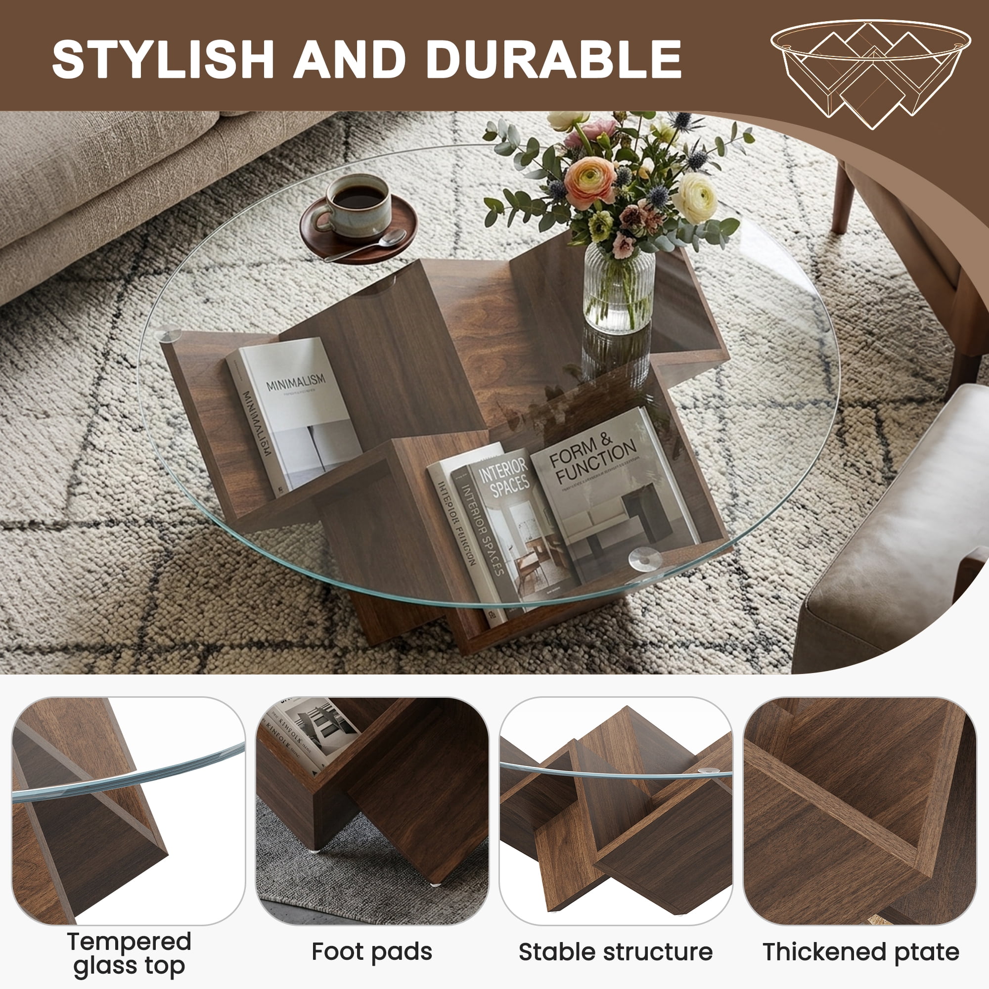 35.4-Inch Round Coffee Table with Tempered Glass Top and Geometric Art Deco Base, Storage Shelf Table and Center Table for Living Room, Walnut