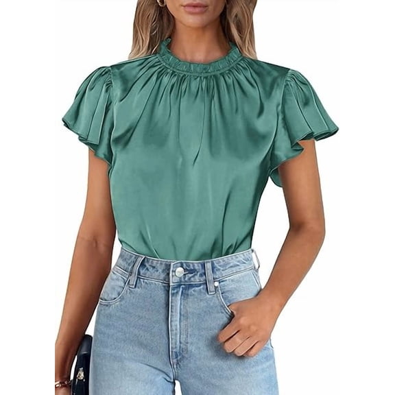 PRETTYGARDEN Business Casual Tops for Women Blouses Summer Short Sleeve Ruffle Satin Work Office Attire