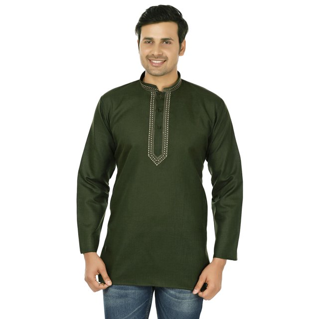 Embroidered Cotton Mens Short Kurta Shirt India Fashion Clothes (Green, S)