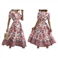 thumbnail image 3 of Vestido Informal, Fluido, con Estampado Floral Bohemio y Mangas Abullonadas para Mujer (Verano 2025) Rojo XL, 3 of 7
